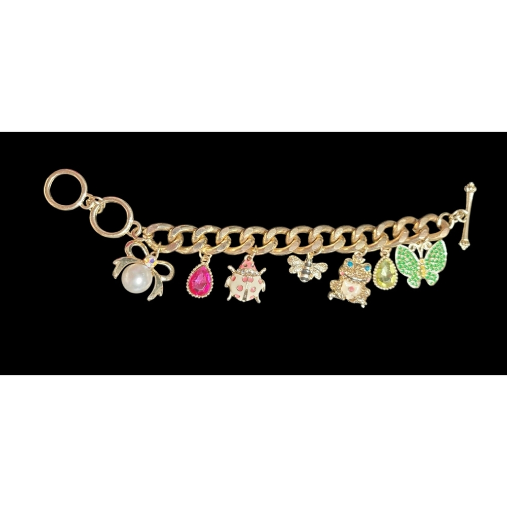 Gold Tone Nature Inspired Charm Bracelet with Colorful Accents